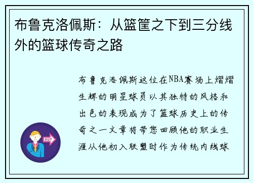 布鲁克洛佩斯：从篮筐之下到三分线外的篮球传奇之路